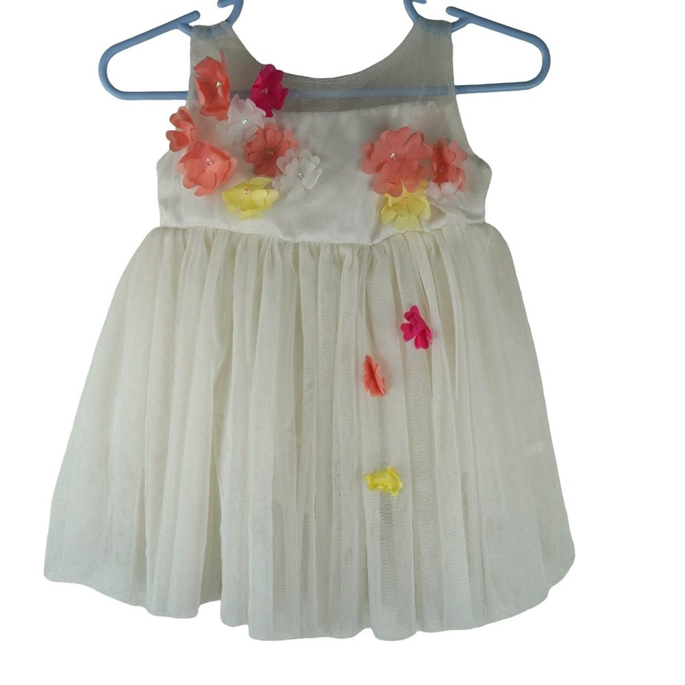 Popatu Girls White & Floral Sleeveless Dress With‎ Mesh Overlay & 3D Flowers 12M
